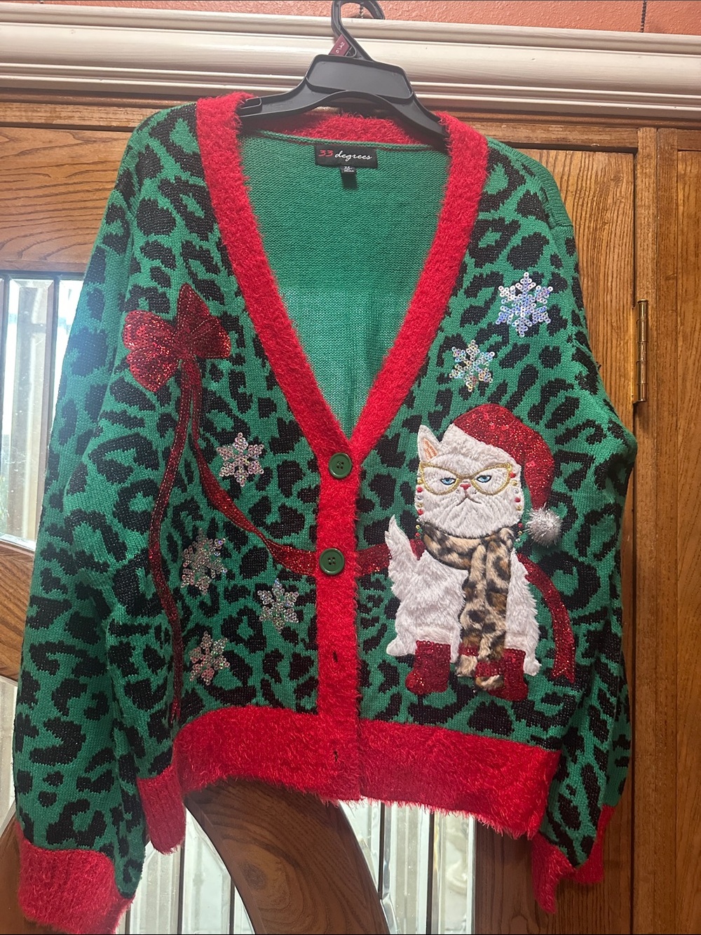 32 Degrees Green & Red Holiday Cat Leopard-Print Cardigan